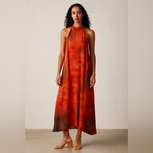 UPSTATE 100% Silk Tie Dye High Neck Orange Maxi Dress L